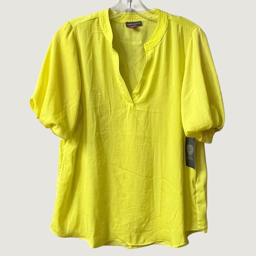 Vince Camuto Hammered Satin Puff Sleeve Blouse Womens Small Bright Lemon NWT